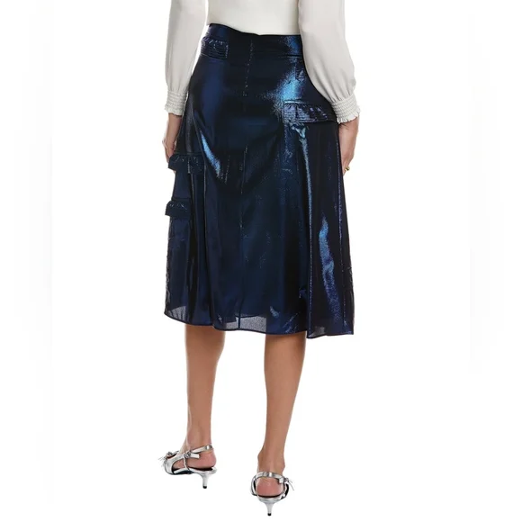 BURBERRY Silk Metallic Blend Midi Skirt Women's Blue IT 44 US 10 Org $890